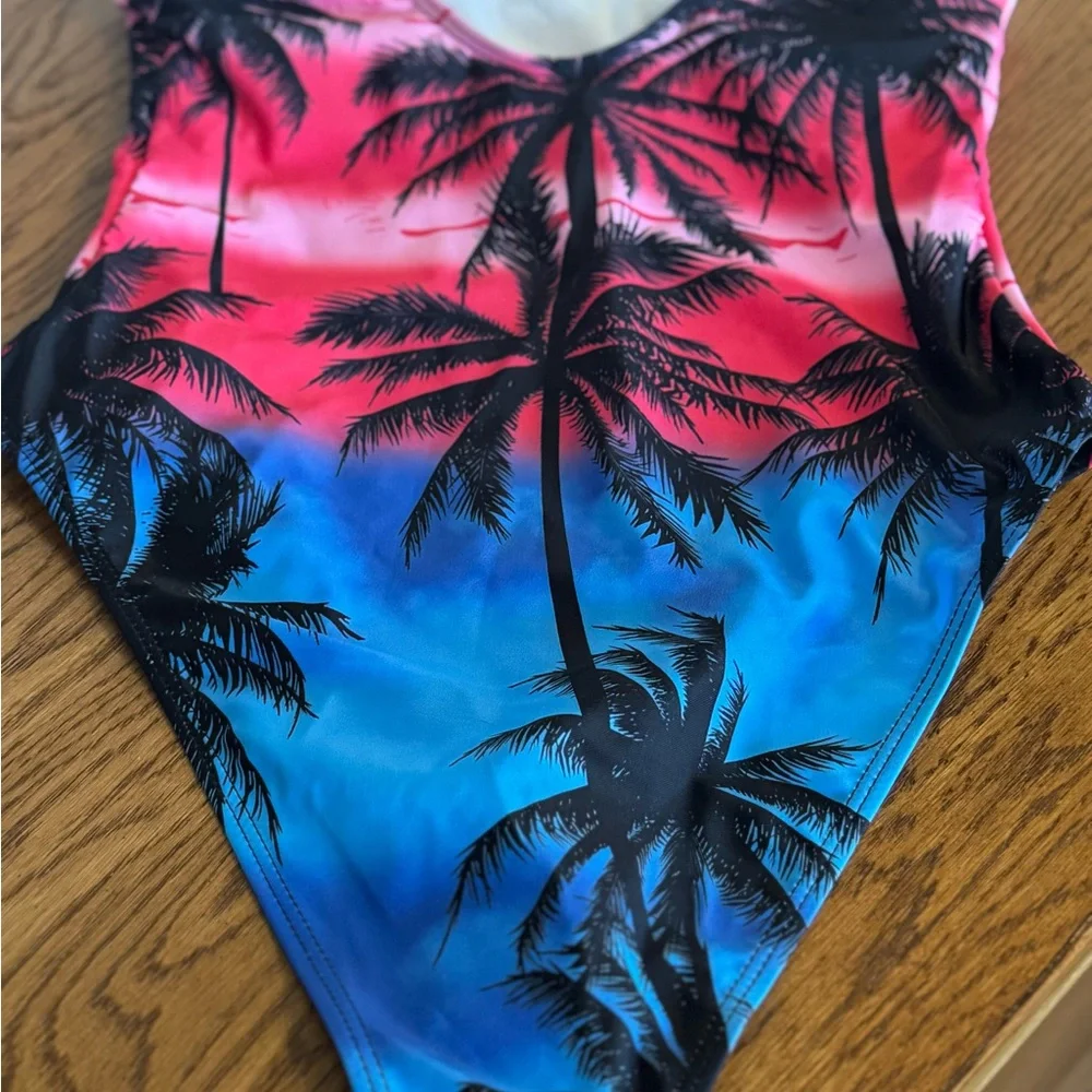 SHEIN BRAND, Women’s Sz (S) One-Piece Tropical Palm Tree Swimsuit - Pink & Blue - Picture 5 of 10